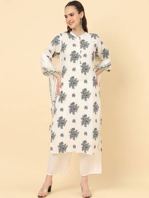 Floral Printed Pure Cotton Kurta with Trousers & Dupatta 1
