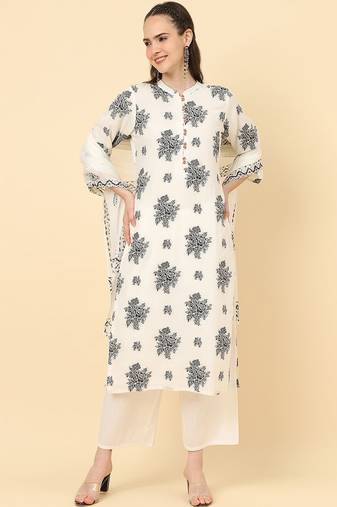 Floral Printed Pure Cotton Kurta with Trousers & Dupatta