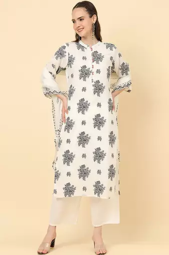 Floral Printed Pure Cotton Kurta with Trousers & Dupatta