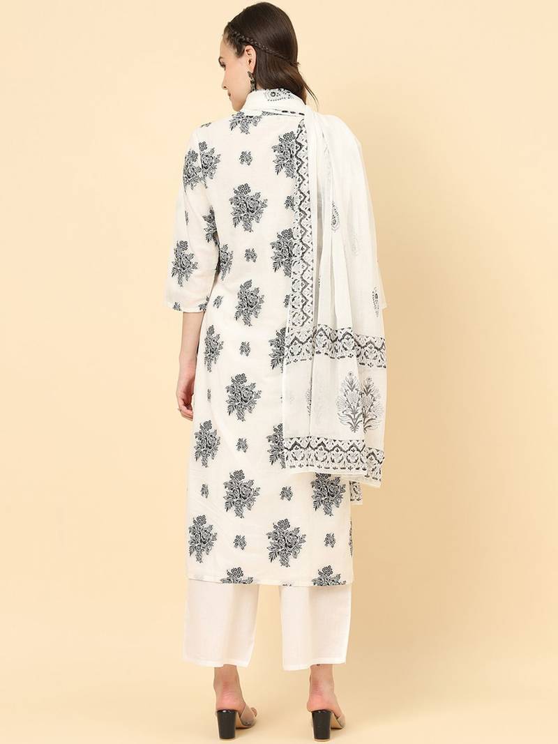 Floral Printed Pure Cotton Kurta with Trousers & Dupatta