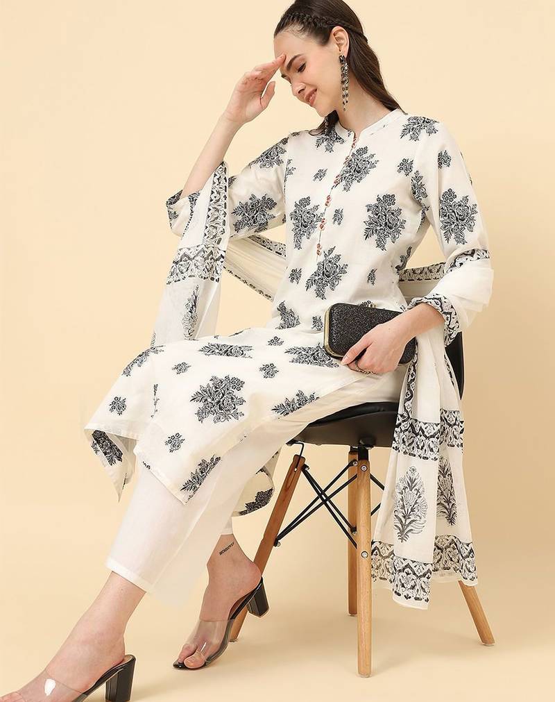 Floral Printed Pure Cotton Kurta with Trousers & Dupatta