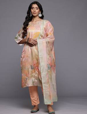 Floral Printed Regular Beads and Stones Kurta with Trousers & With Dupatta 1