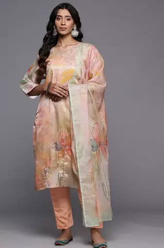 Floral Printed Regular Beads and Stones Kurta with Trousers & With Dupatta