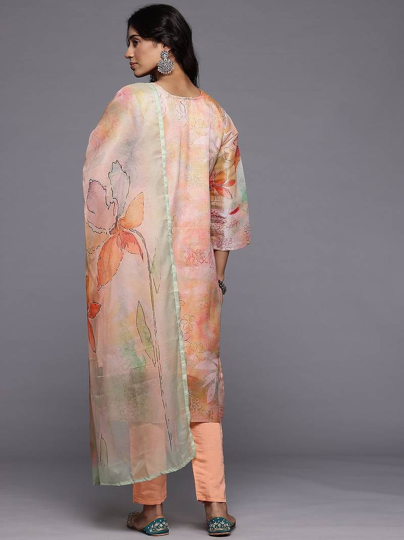 Floral Printed Regular Beads and Stones Kurta with Trousers & With Dupatta