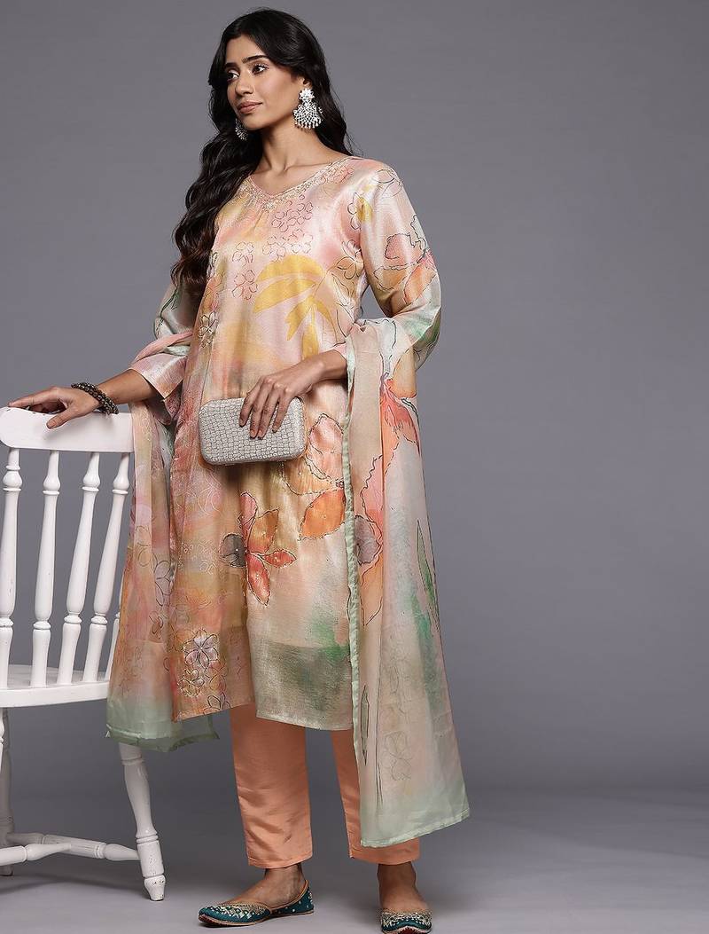 Floral Printed Regular Beads and Stones Kurta with Trousers & With Dupatta