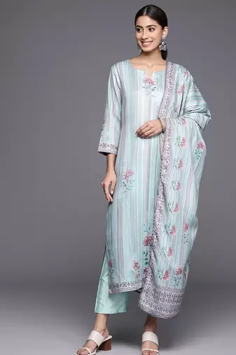 Blue Floral Printed & Striped Round Neck Straight Kurta with Trousers & Dupatta