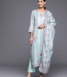 Blue Floral Printed & Striped Round Neck Straight Kurta with Trousers & Dupatta