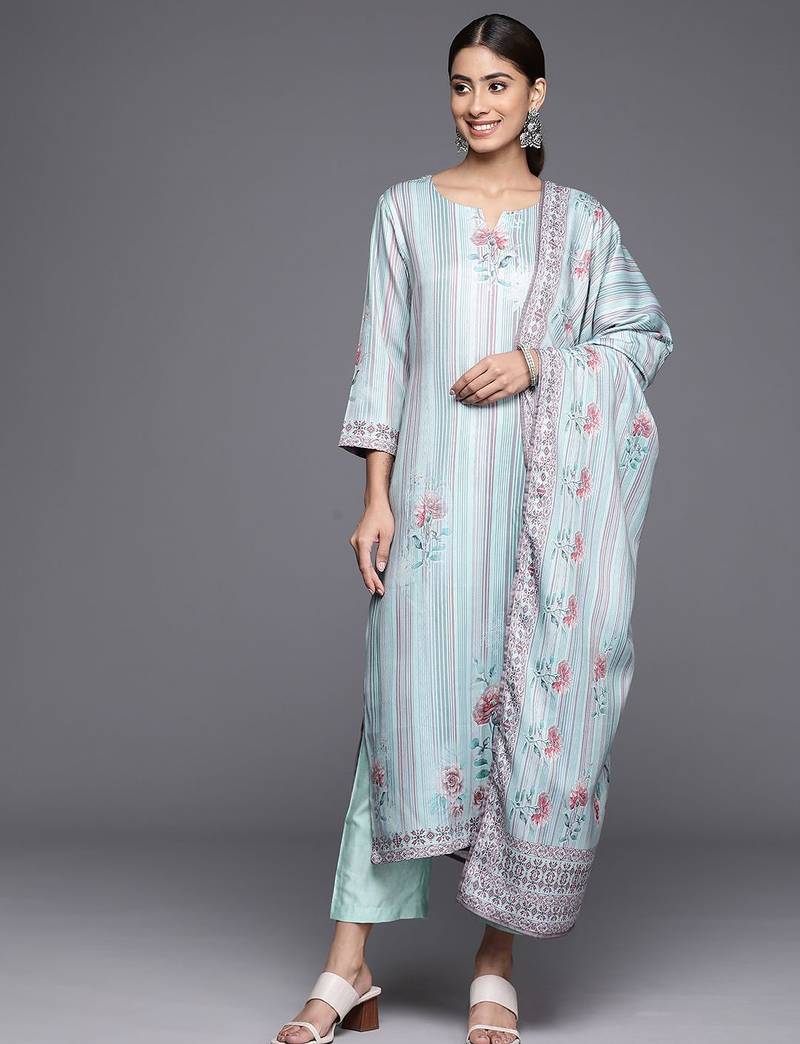 Blue Floral Printed & Striped Round Neck Straight Kurta with Trousers & Dupatta