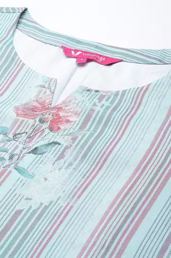 Blue Floral Printed & Striped Round Neck Straight Kurta with Trousers & Dupatta