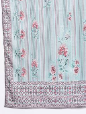 Blue Floral Printed & Striped Round Neck Straight Kurta with Trousers & Dupatta 5