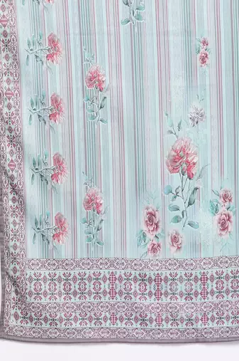Blue Floral Printed & Striped Round Neck Straight Kurta with Trousers & Dupatta