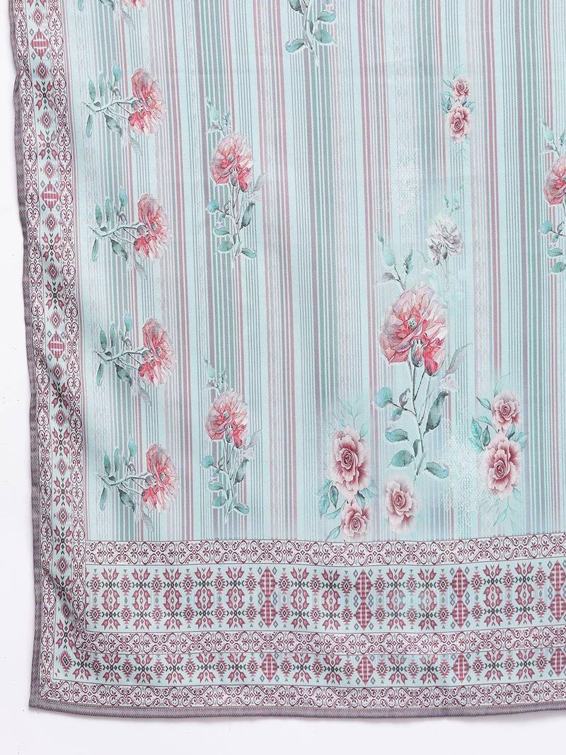 Blue Floral Printed & Striped Round Neck Straight Kurta with Trousers & Dupatta