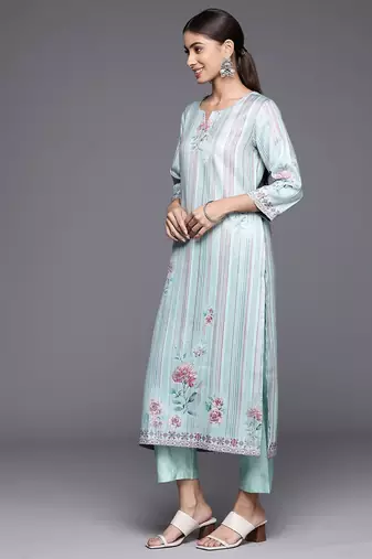 Blue Floral Printed & Striped Round Neck Straight Kurta with Trousers & Dupatta