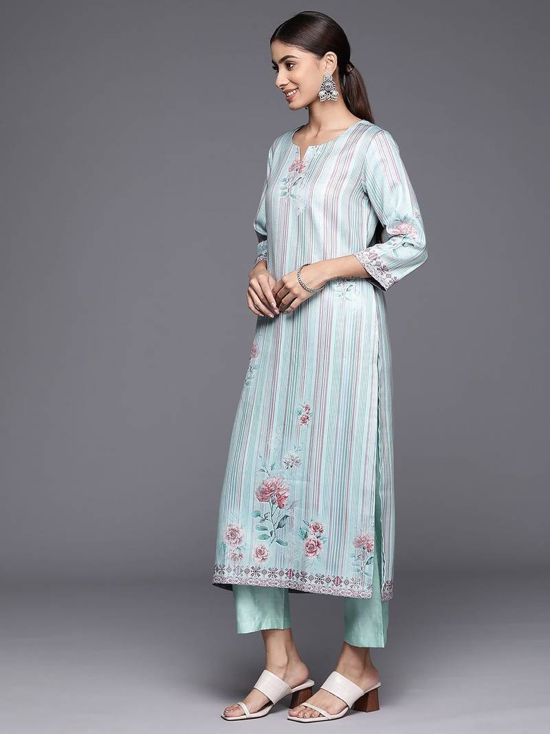 Blue Floral Printed & Striped Round Neck Straight Kurta with Trousers & Dupatta