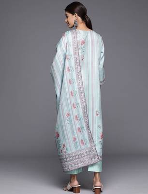 Blue Floral Printed & Striped Round Neck Straight Kurta with Trousers & Dupatta 7