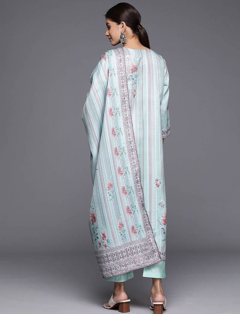 Blue Floral Printed & Striped Round Neck Straight Kurta with Trousers & Dupatta