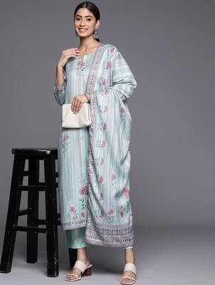Blue Floral Printed & Striped Round Neck Straight Kurta with Trousers & Dupatta 1