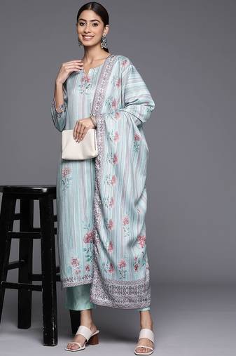 Blue Floral Printed & Striped Round Neck Straight Kurta with Trousers & Dupatta
