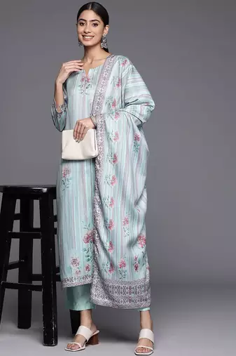 Blue Floral Printed & Striped Round Neck Straight Kurta with Trousers & Dupatta