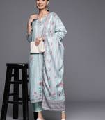 Blue Floral Printed & Striped Round Neck Straight Kurta with Trousers & Dupatta