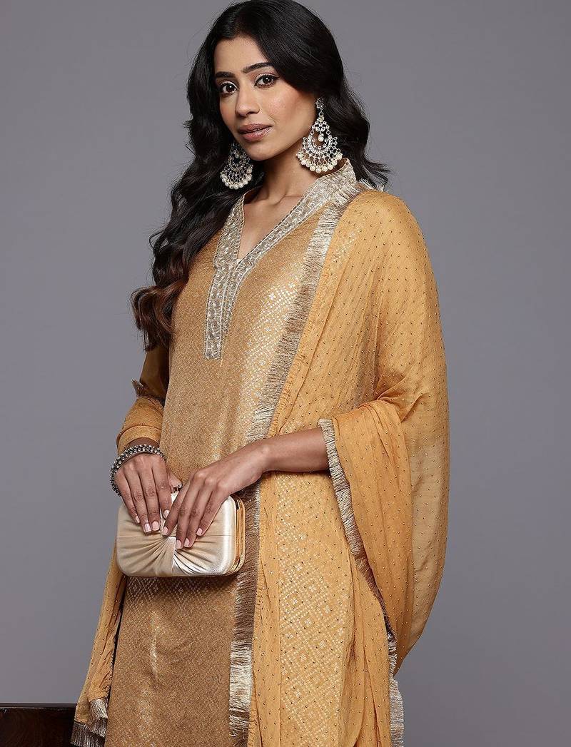 Sequinned Kurta With Trousers & Dupatta