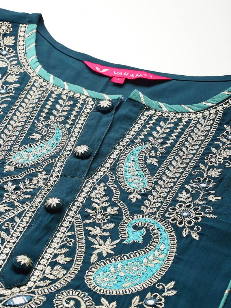 Paisley Embroidered Zari Panelled Kurta With Trousers & Dupatta