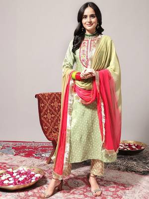 Women Green Leheriya Embroidered Mirror Work Kurta with Trousers & With Dupatta 1