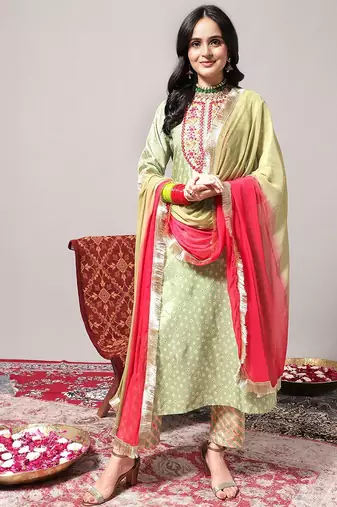 Women Green Leheriya Embroidered Mirror Work Kurta with Trousers & With Dupatta