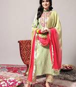 Women Green Leheriya Embroidered Mirror Work Kurta with Trousers & With Dupatta