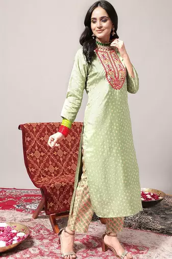 Women Green Leheriya Embroidered Mirror Work Kurta with Trousers & With Dupatta