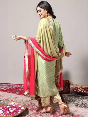 Women Green Leheriya Embroidered Mirror Work Kurta with Trousers & With Dupatta 6
