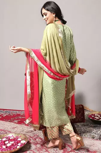 Women Green Leheriya Embroidered Mirror Work Kurta with Trousers & With Dupatta