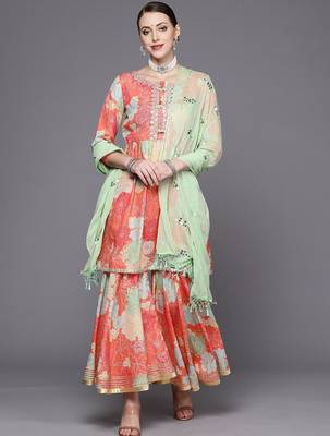 Women Coral Floral Printed Empire Mirror Work Kurta with Sharara & With Dupatta 1