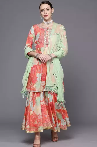 Women Coral Floral Printed Empire Mirror Work Kurta with Sharara & With Dupatta