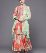 Women Coral Floral Printed Empire Mirror Work Kurta with Sharara & With Dupatta