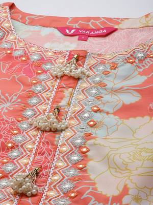 Women Coral Floral Printed Empire Mirror Work Kurta with Sharara & With Dupatta 2