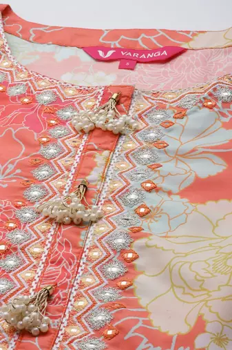 Women Coral Floral Printed Empire Mirror Work Kurta with Sharara & With Dupatta