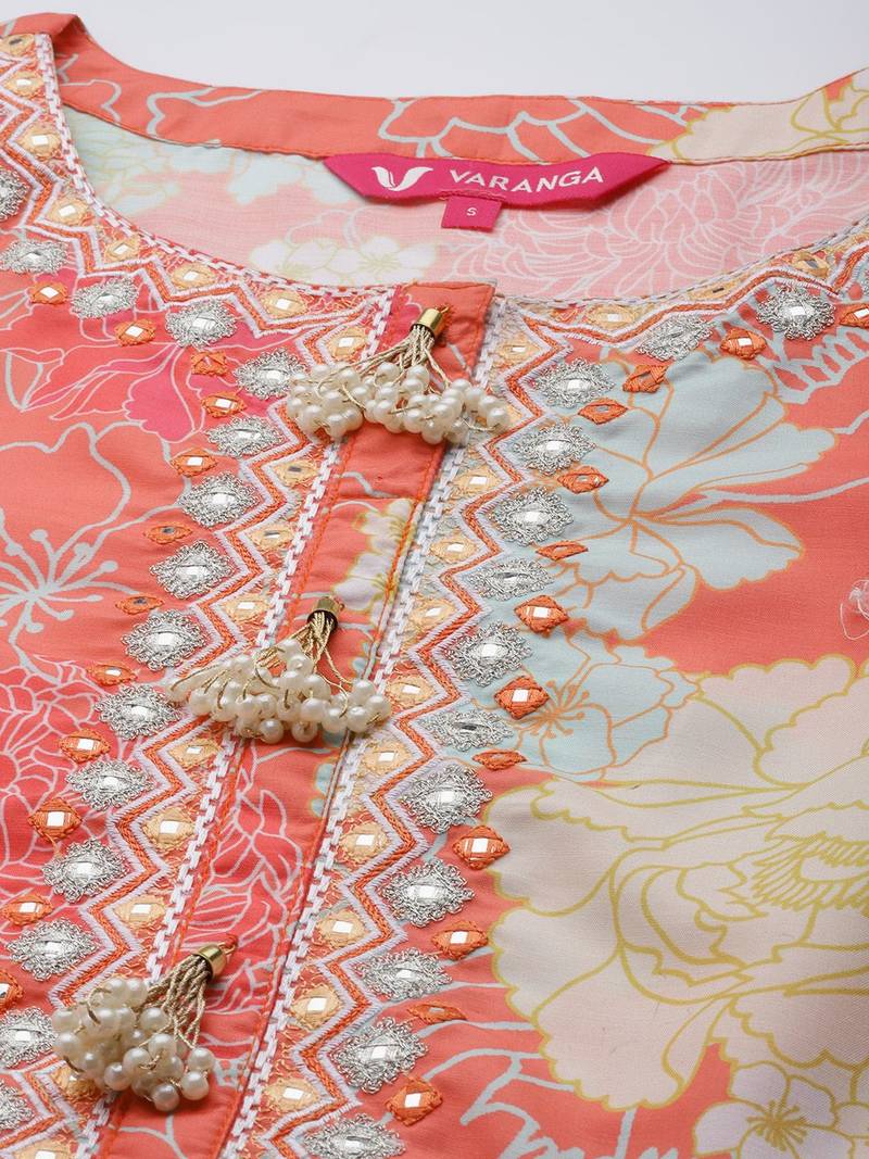 Women Coral Floral Printed Empire Mirror Work Kurta with Sharara & With Dupatta