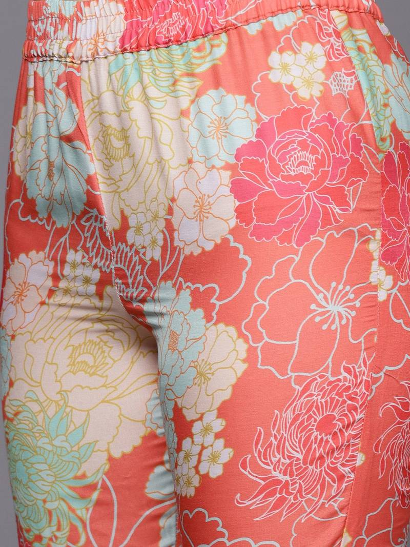 Women Coral Floral Printed Empire Mirror Work Kurta with Sharara & With Dupatta