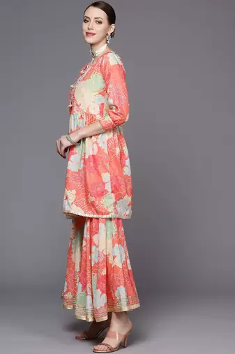 Women Coral Floral Printed Empire Mirror Work Kurta with Sharara & With Dupatta