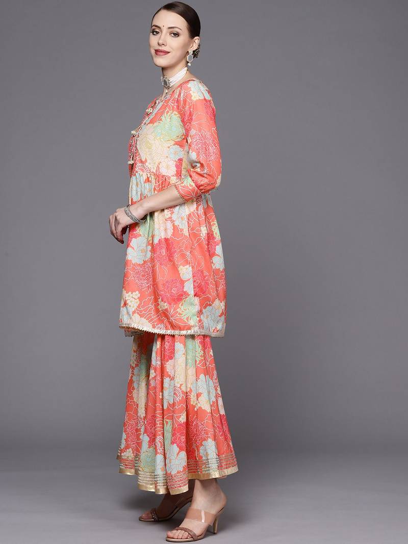 Women Coral Floral Printed Empire Mirror Work Kurta with Sharara & With Dupatta