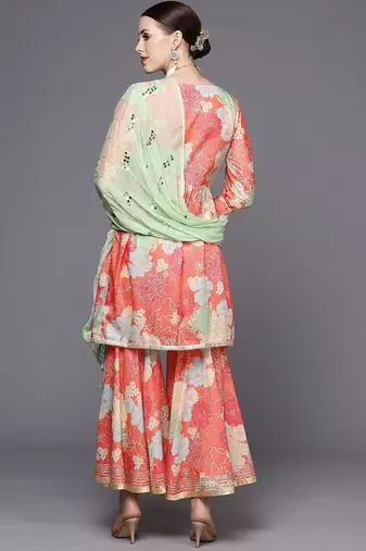 Women Coral Floral Printed Empire Mirror Work Kurta with Sharara & With Dupatta