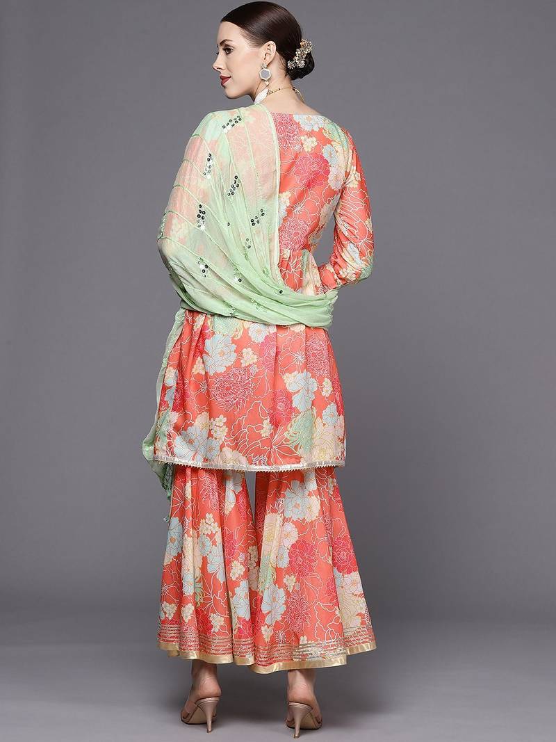 Women Coral Floral Printed Empire Mirror Work Kurta with Sharara & With Dupatta