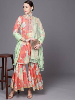 Women Coral Floral Printed Empire Mirror Work Kurta with Sharara & With Dupatta 7