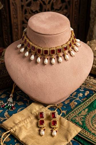 Red color american diamond & turkish stone necklace set party wear