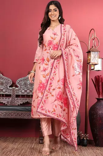 Floral Printed Kantha Work Chanderi Silk Straight Kurta with Trousers & Dupatta