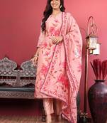 Floral Printed Kantha Work Chanderi Silk Straight Kurta with Trousers & Dupatta