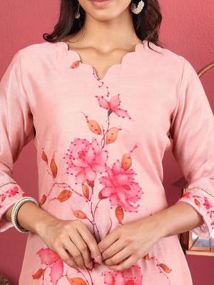 Floral Printed Kantha Work Chanderi Silk Straight Kurta with Trousers & Dupatta 2