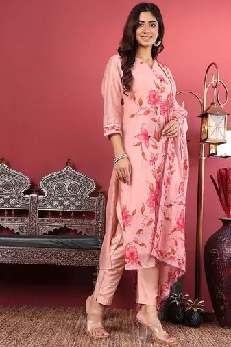 Floral Printed Kantha Work Chanderi Silk Straight Kurta with Trousers & Dupatta