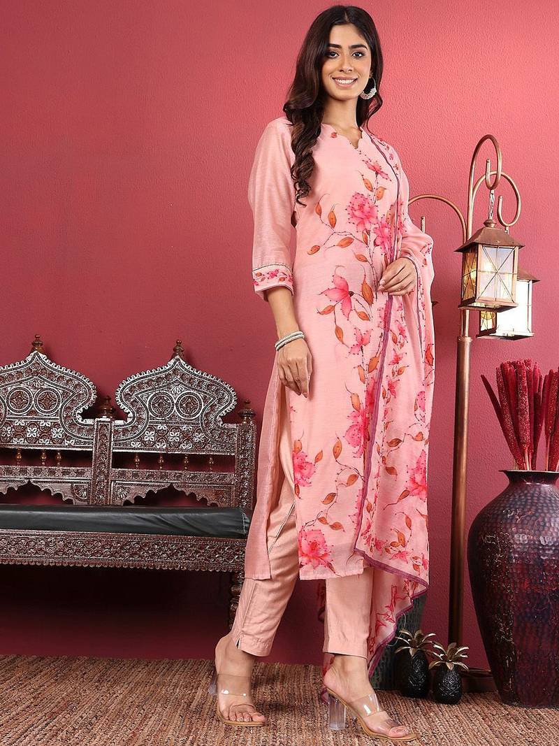 Floral Printed Kantha Work Chanderi Silk Straight Kurta with Trousers & Dupatta